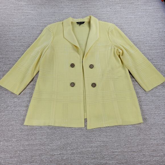 Misook Knit Sweater Jacket PM Petite Yellow Plaid Double Breasted 3/4 Sleeve - Picture 3 of 16